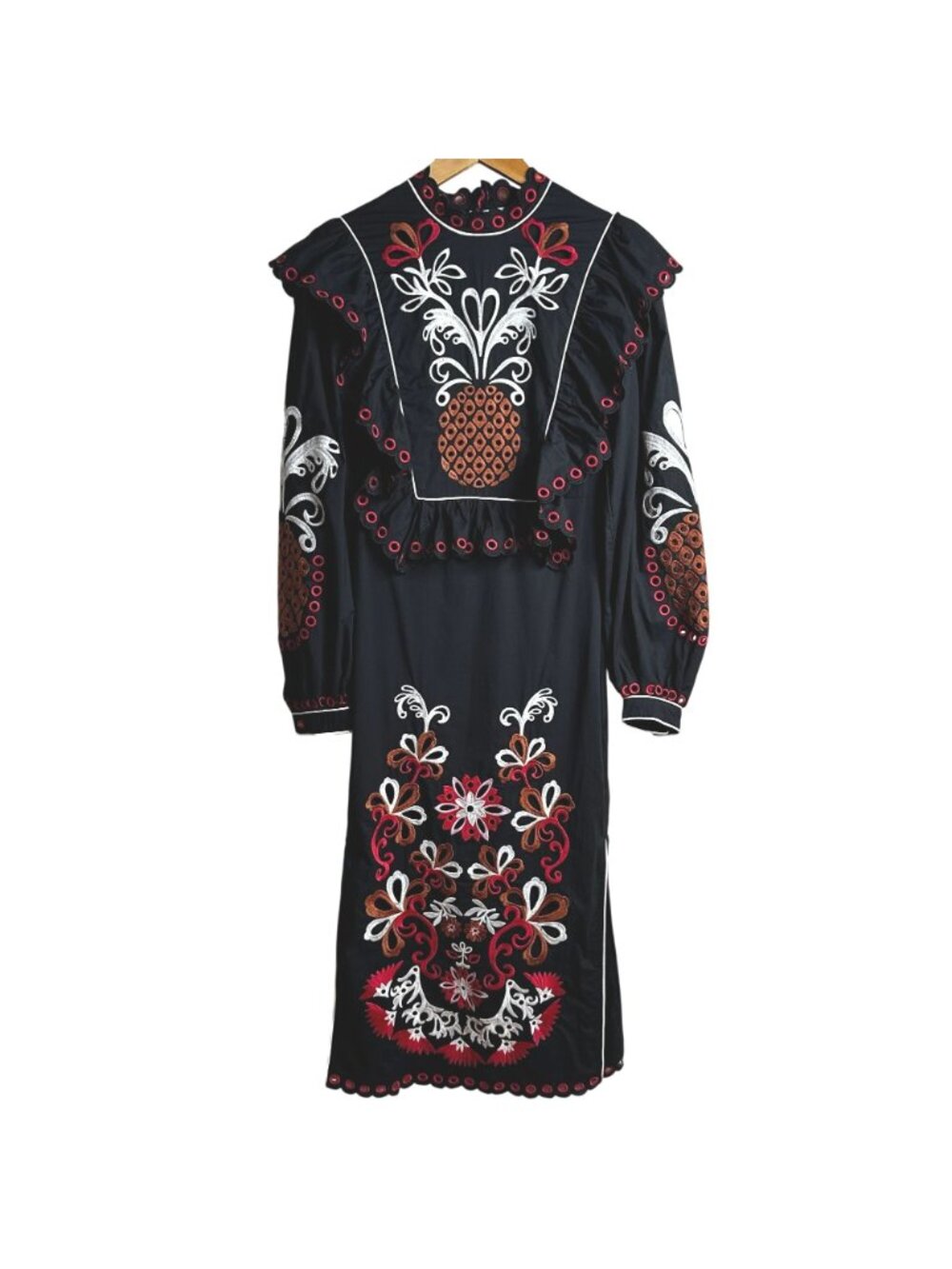 FARM RIO Cashew Mandala Black Richilieu Embroidered Dress Puff Sleeve XS NWT
